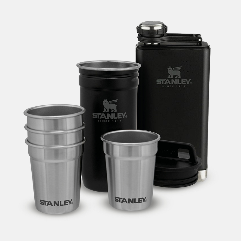 ADVENTURE PRE-PARTY SHOT GLASS + FLASK SET in Black andin matte 